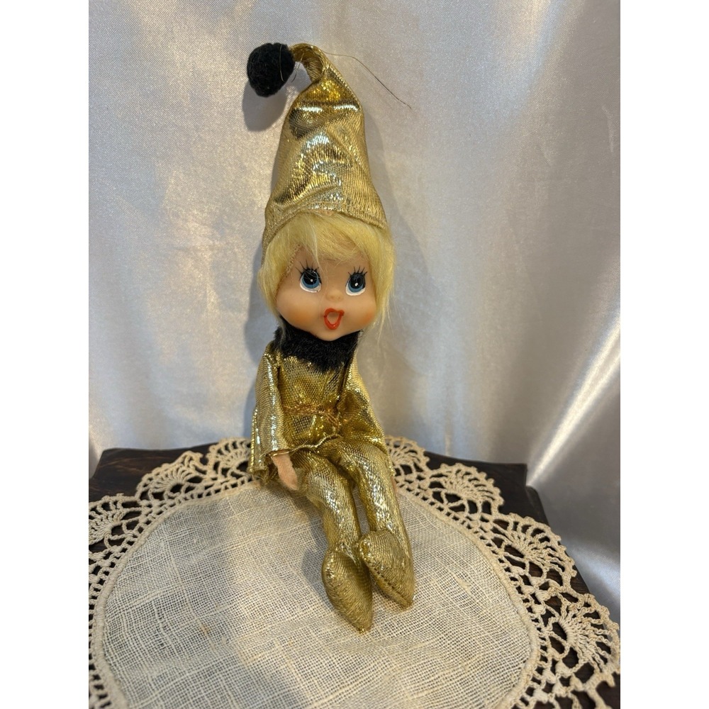 Vintage Japan Pixie Elf Doll Gold Metallic 50's-60's Christmas Tall Knee Hugger